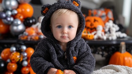 Cute toddler in cozy costume surrounded by Halloween decorations and festive colors in a playful autumn setting