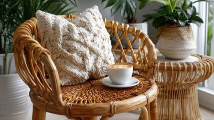 Cozy indoor space with rattan chair, knitted pillow, and warm coffee cup placed elegantly on a table in bright light