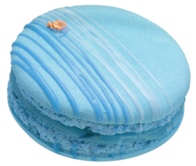 Luxury Blue caramel macaron with gold leaf topping. Elegant French dessert with glossy filling and icing drizzle isolate on white with clipping path. Premium sweet bakery concept.PNG file.