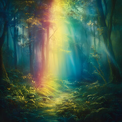 Mystical Rainbow Forest, Enchanting Rainbow in Forest Light, Magical Forest with Rainbow Glow, Hidden Magic in a Rainbow Forest, Colorful Rainbow Lighting the Forest, Fantastical Forest with Rainbow R