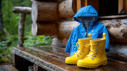 Yellow rain boots and blue jacket on a wooden porch in a forest during a rainy day