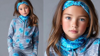 Young girl in stylish athletic wear poses against neutral backdrop showcasing vibrant blue floral patterns on clothing