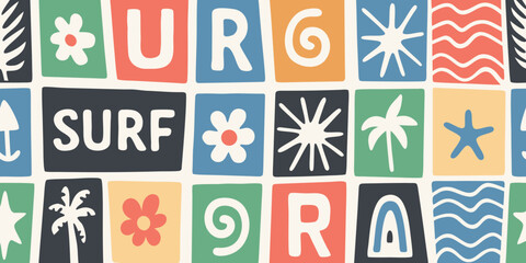 Retro surf pattern with tropical icons and bold letters in a grid layout