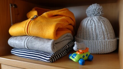 Neatly folded children's clothes and a toy car displayed on a wooden shelf in a cozy room