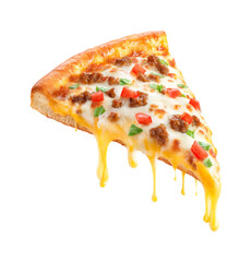 Delicious dripping cheese pizza slice with ground beef and tomato topping, expertly isolated as a PNG set with transparent background