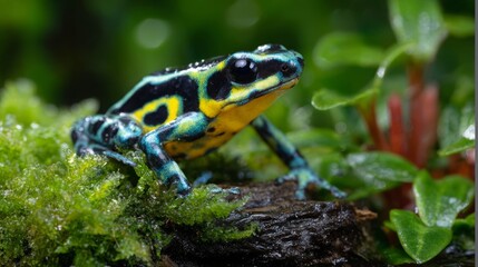 Colorful tropical frog perched on moss in a lush forest setting during the day