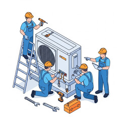 "Modern AC Installation Team - "Isometric vector illustration of an AC installation scene showing three technicians working on an air conditioner