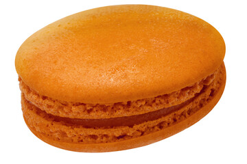 Orange macaron with gold leaf topping. Elegant French dessert  isolate on white background with clipping path. Premium sweet bakery concept.