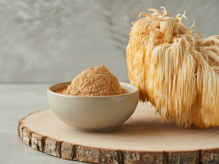 Unique and trendy nootropic shot of a minimalist bowl of Lion's Mane mushroom powder with the fresh mushroom, for a brain-boosting wellness concept.