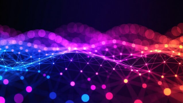 Abstract network connection background with glowing particles and vibrant colors.