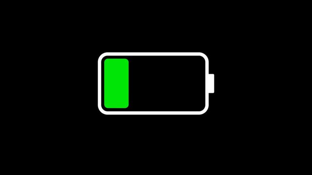 Futuristic battery charging green indicator level low to full on black background. Animated icon charge battery. Charging discharged battery to full charge