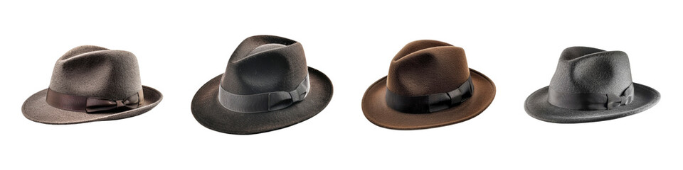 A collection of classic fedora hats in various colors styles