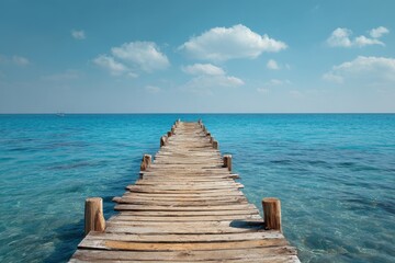 Fototapeta premium Wooden pier extending into the bright blue ocean under a clear sky for a serene coastal escape