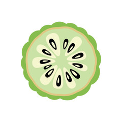 A vibrant slice of kiwi fruit displayed with its characteristic black seeds and creamy white center surrounded by a textured green rind.