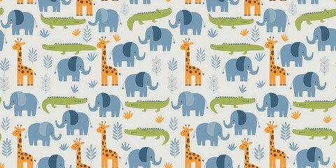 Cute seamless pattern with jungle animals. Vector illustration of cartoon elephants, giraffes, and crocodiles. Safari wildlife background for kids fabric and wallpaper design