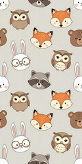 Obraz premium Cute woodland animals seamless pattern. Vertical illustration with cartoon fox, bear, owl, rabbit, and raccoon faces. Kids background for fabric or wallpaper