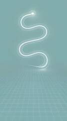 Glowing neon curve soft teal minimal grid abstract line S shape futuristic light 3D render smooth wave luminous path modern design conveys calm motion across spacious teal grid with clean geometry