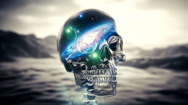 Glass skull shows cosmic galaxy filling brain cavity with ethereal light.