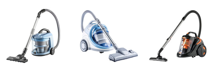 Canister vacuum cleaners in blue orange color schemes stand side by side