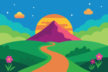Vibrant landscape with winding path and mountain at sunset