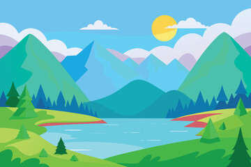 Vibrant mountain landscape with lake and sun