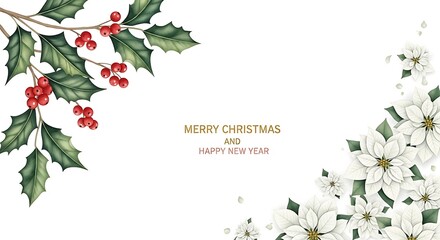 Elegant christmas greeting card design featuring a corner arrangement of vibrant red holly berries and green leaves on the left and delicate white poinsettias on the right with subtle text