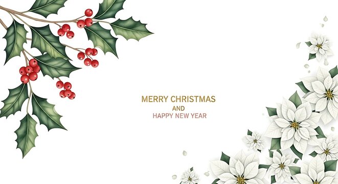 Elegant christmas greeting card design featuring a corner arrangement of vibrant red holly berries and green leaves on the left and delicate white poinsettias on the right with subtle text