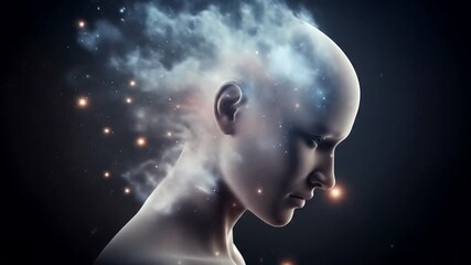 Figure's head dissolves into cosmic nebula, stars, and clouds. - Powered by Adobe