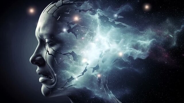 A distressed face disintegrates into the vastness of cosmic nebula.