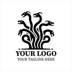 Naklejka premium Hydra Logo Vector – Minimalist Black Silhouette of Multi-Headed Mythical Serpent, Flat 2D Symbol for Power, Strategy, and Regeneration Branding Concepts.