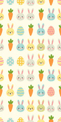 Easter seamless pattern with cute bunny faces, carrots and colorful eggs. Vertical holiday background with happy cartoon rabbits for kids