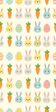 Easter seamless pattern with cute bunny faces, carrots and colorful eggs. Vertical holiday background with happy cartoon rabbits for kids
