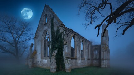 Eerie moonlight illuminates the crumbling gothic ruins of an ancient stone church on a foggy mysterious night