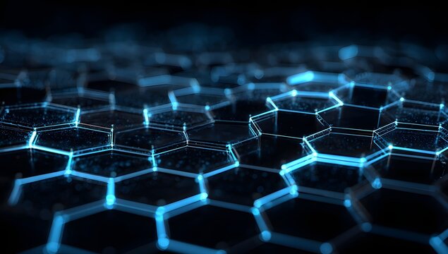 Intricate futuristic hexagonal grid pattern illuminated with electric blue light emitting from intersecting lines