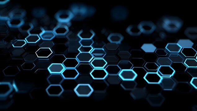 Abstract digital network of glowing hexagonal shapes forming a futuristic technological background with deep blue and cyan illumination