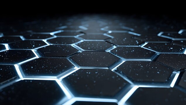 Futuristic hexagonal grid pattern with glowing blue lines and subtle sparkles on a dark background - Powered by Adobe