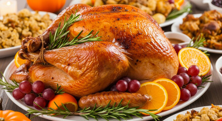 A delicious roasted turkey centerpiece for a holiday feast, garnished with fruit and herbs