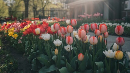 Vibrant spring garden bursting with a kaleidoscope of blooming tulips in soft sunlight