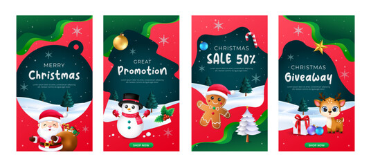 Funny christmas sale social media post template web banner collection. Vector illustration for greeting card, banner, marketing.