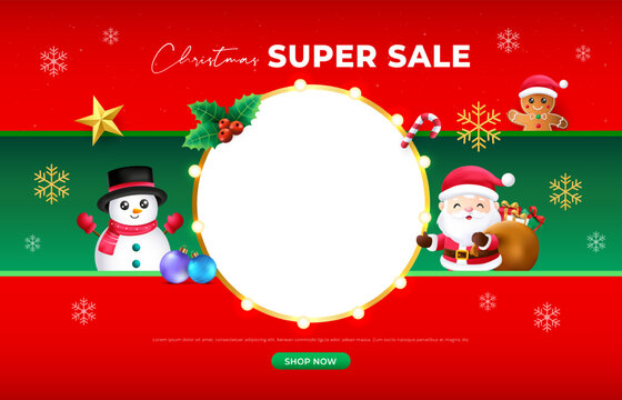 Cute light bulb style christmas and green stripe background with santa, ginger bread, snowman. Vector template for concept, sale promotional banner. - Powered by Adobe