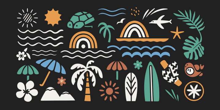 A vibrant collection of summer vacation and beach icons with a playful hand drawn style on a black background