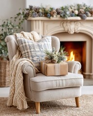 Cozy Living Room Interior with Winter Decor and Fireplace Ambience