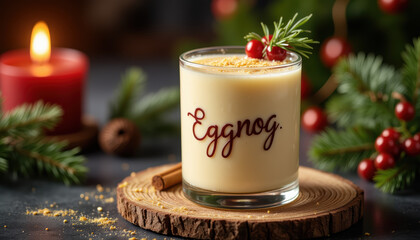 Eggnog in glass on wooden slab, photorealistic, cream red green warmth -