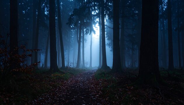 A mysterious, foggy path winds through a dark, dense forest - Powered by Adobe