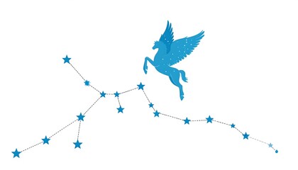 A mythical winged horse constellation soaring among stars on white