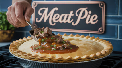 Chef filling traditional beef pie in Australian kitchen, Meat Pie -