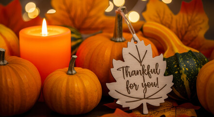 Cozy autumn scene with pumpkins, a lit candle, and fall leaves, conveying a sense of gratitude and warmth