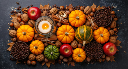 Abundant harvest arrangement of mini pumpkins, gourds, nuts, coffee beans, and apples