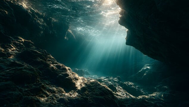 Sunlight streams through a dark underwater cave illuminating rocky formations and the deep ocean depths with ethereal blue hues