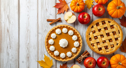 Overhead view of autumn pies, pumpkins, apples, and cinnamon sticks on a rustic wooden table
